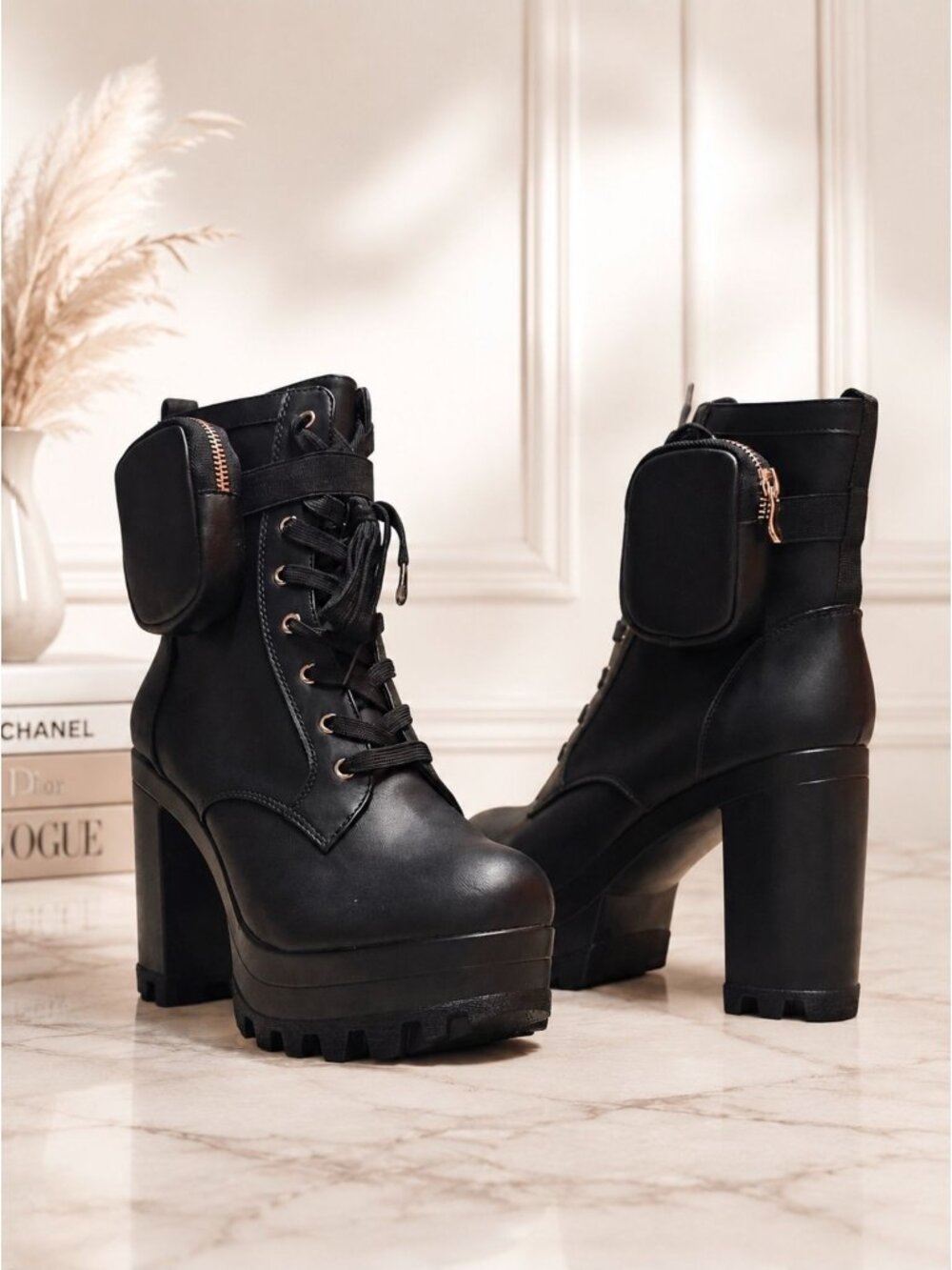 Chunky Black High-Heel Ankle Boots With Lace-Up Design with Side Pouch Rugged Pl